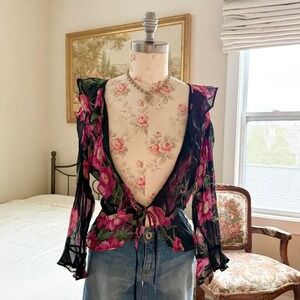 black and magenta sheer floral tie front top Paradise East size medium
